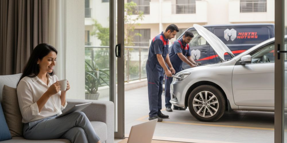 A customer relaxing at home while a professional mechanic works on the car in the background