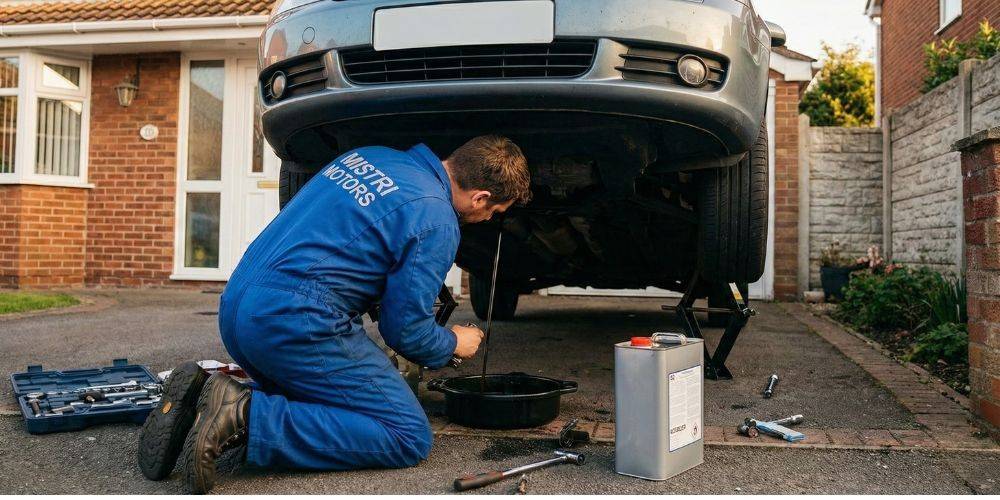 Mistri Motors Mechanic Changing Car Oil at Home