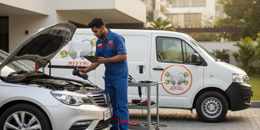 A modern mechanic servicing a car in a clean Delhi driveway with a Mistri Motors van in the background